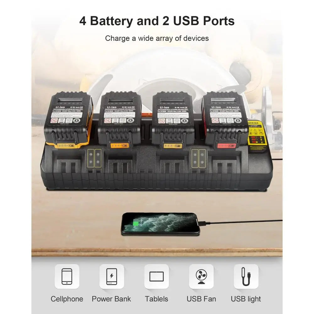 Zimonto - Battery Charger Station Dewalt DCB120 DCB124 DCB127 DCB204 DCB205-2 DCB206 4-Port Fast Charging LED Display Dual USB