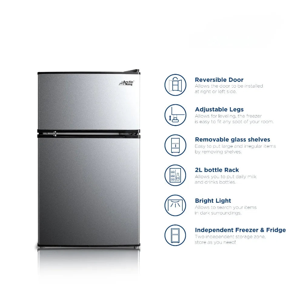 Zimonto - 3.2 Cu Ft Two Door Mini Fridge with Freezer, Stainless Steel, E-star