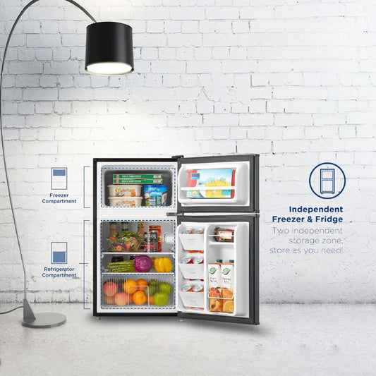 Zimonto - 3.2 Cu Ft Two Door Mini Fridge with Freezer, Stainless Steel, E-star