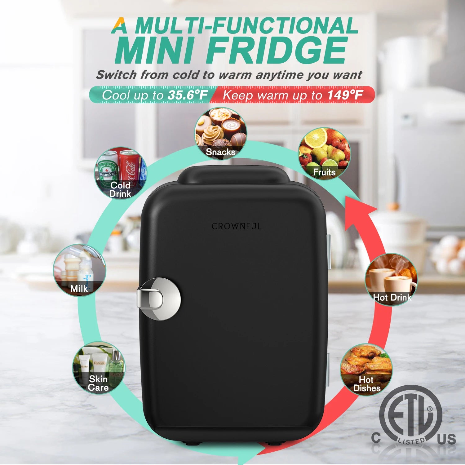 Zimonto - Crownful 4L Mini Fridge 110V 220V Beauty Makeup Skincare Refrigerator AC/DC Heated Cooling Beauty Refrigerator Car Mini Fridge