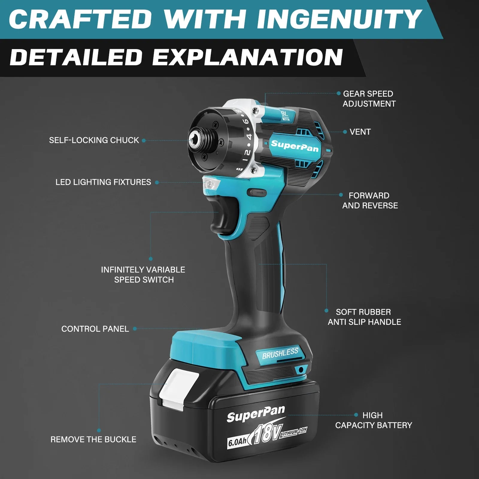 Zimonto - Superpan Brushless Motor Cordless Impact Drill Electric Screwdriver Electric Hammer Hand Lithium-Ion Battery Power Tools