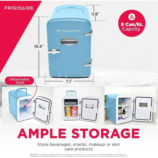Zimonto - Portable Retro Mini Fridge Cooler 9 Can Capacity Personal Skincare Snacks Drinks with AC DC Power Options Car Office Bedroom