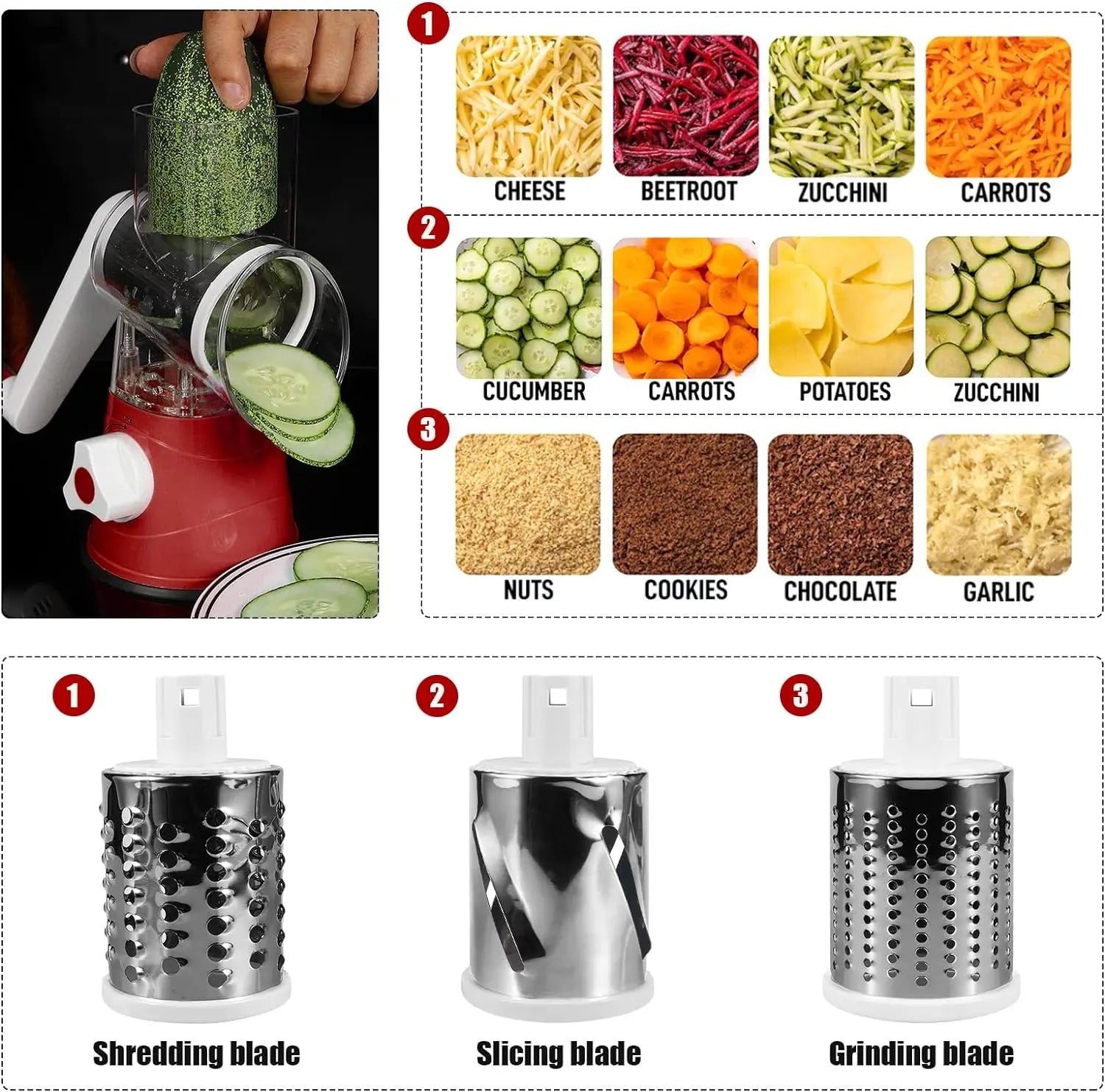 Zimonto - 3 in 1 Grater Vegetable Slicer with 3 Drum Blades
