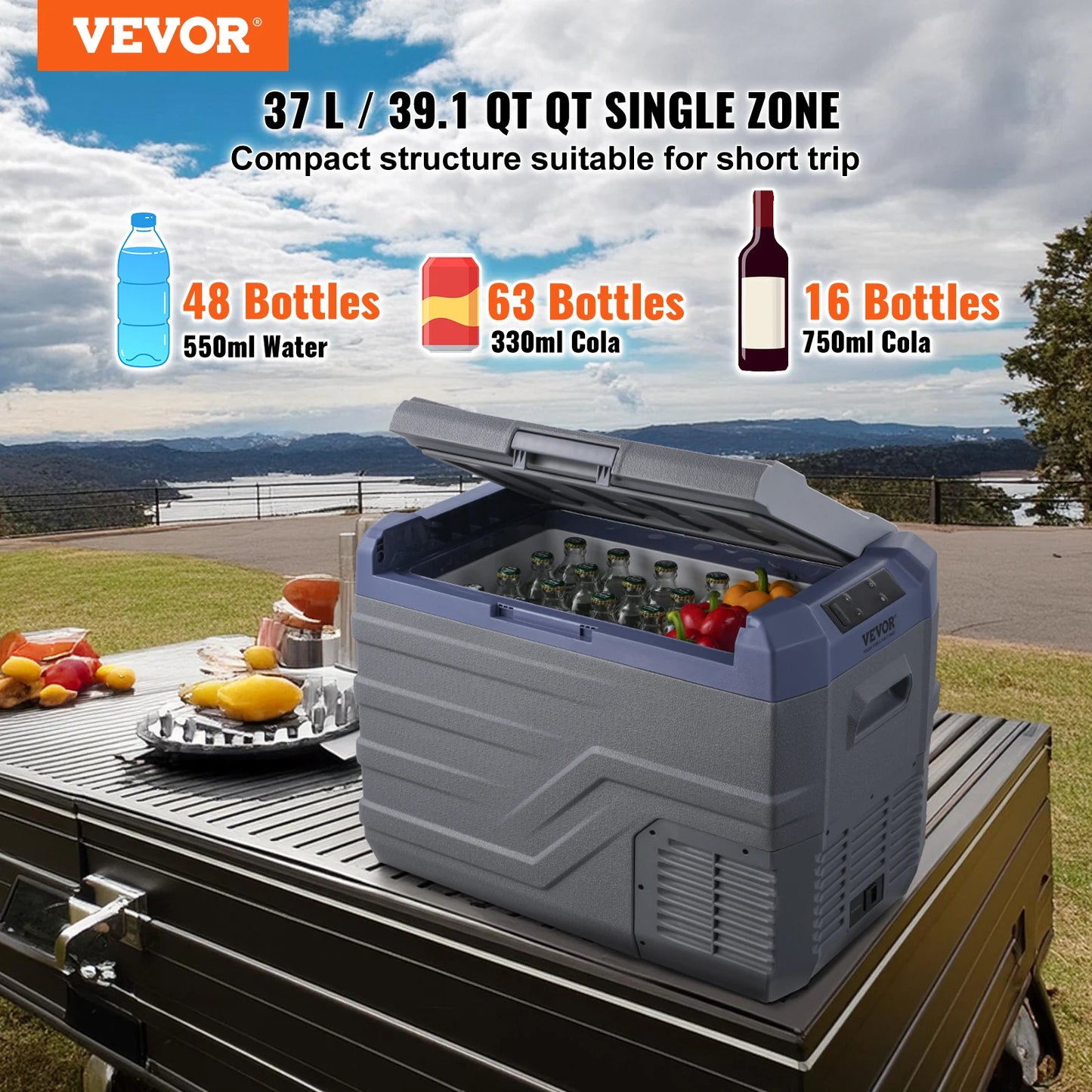 Zimonto - VEVOR 37L Car Refrigerator, 12V Car Fridge, Single Zone Portable Freezer, -4℉-68℉, 12/24V DC and 100-240V AC Compressor Cooler