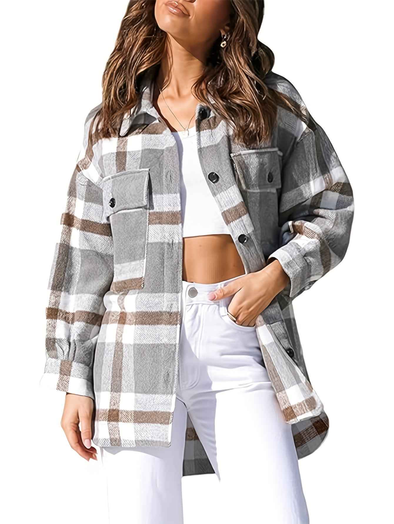 Womens Casual Plaid Flannel Shacket Jacket with Pockets