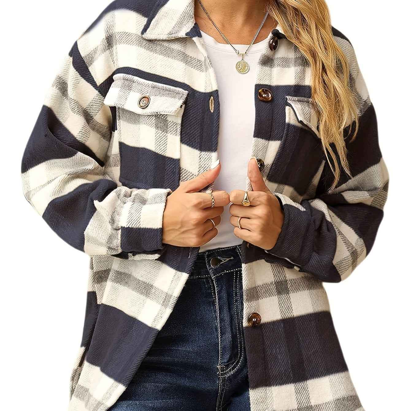 Womens Casual Plaid Flannel Shacket Jacket with Pockets