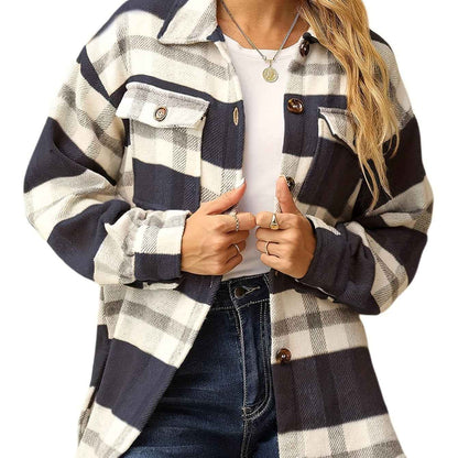 Womens Casual Plaid Flannel Shacket Jacket with Pockets