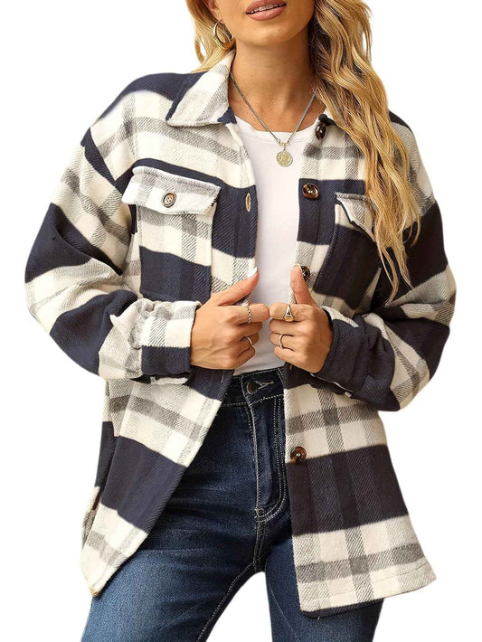 Womens Casual Plaid Flannel Shacket Jacket with Pockets