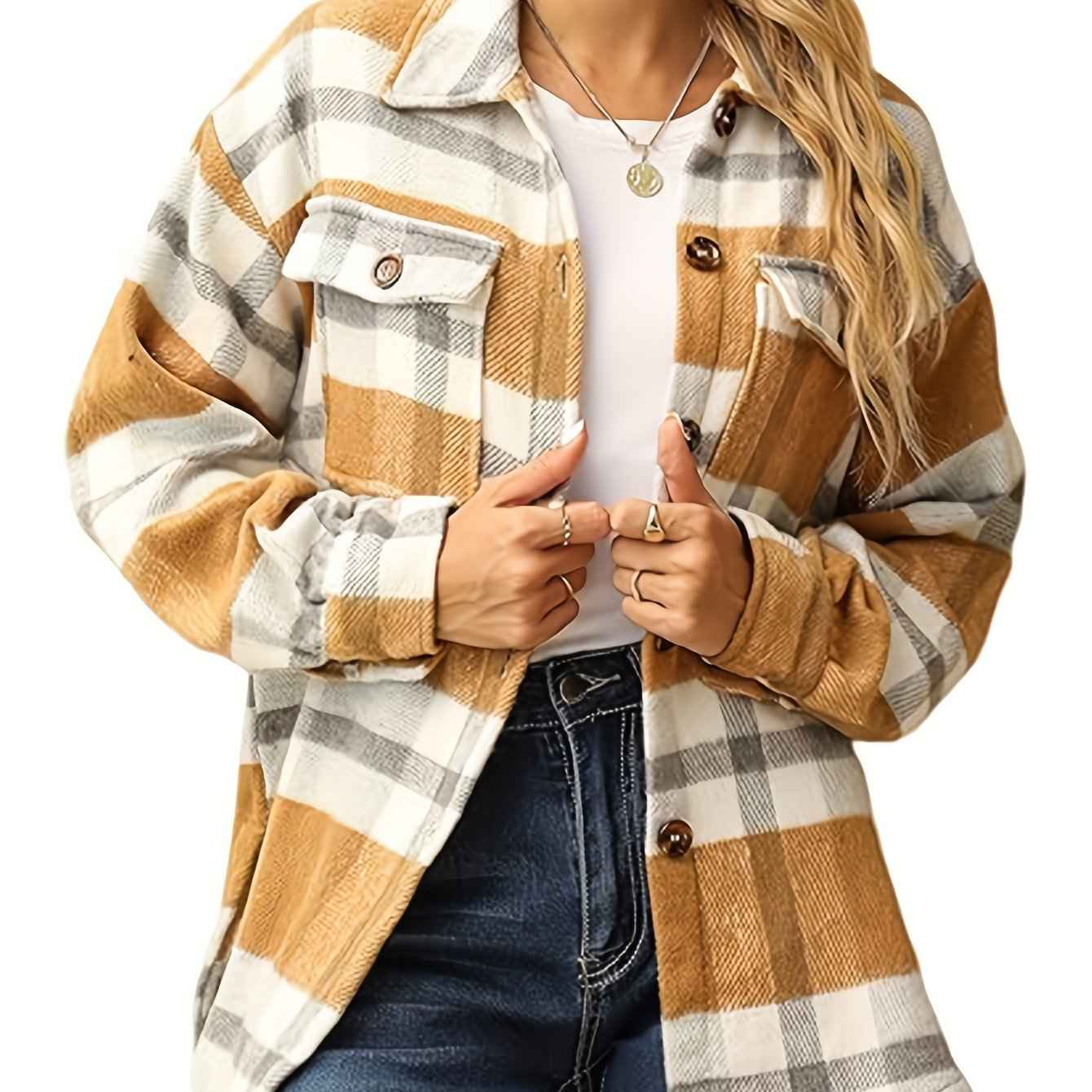 Womens Casual Plaid Flannel Shacket Jacket with Pockets