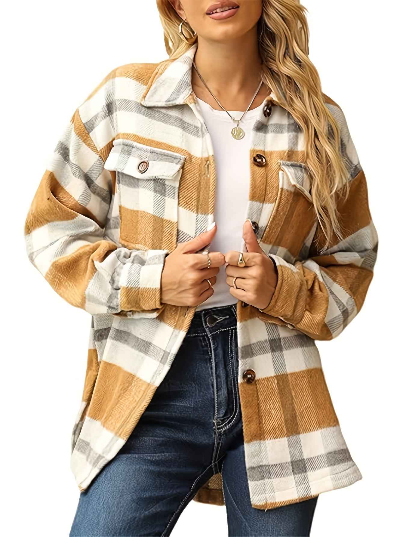 Womens Casual Plaid Flannel Shacket Jacket with Pockets