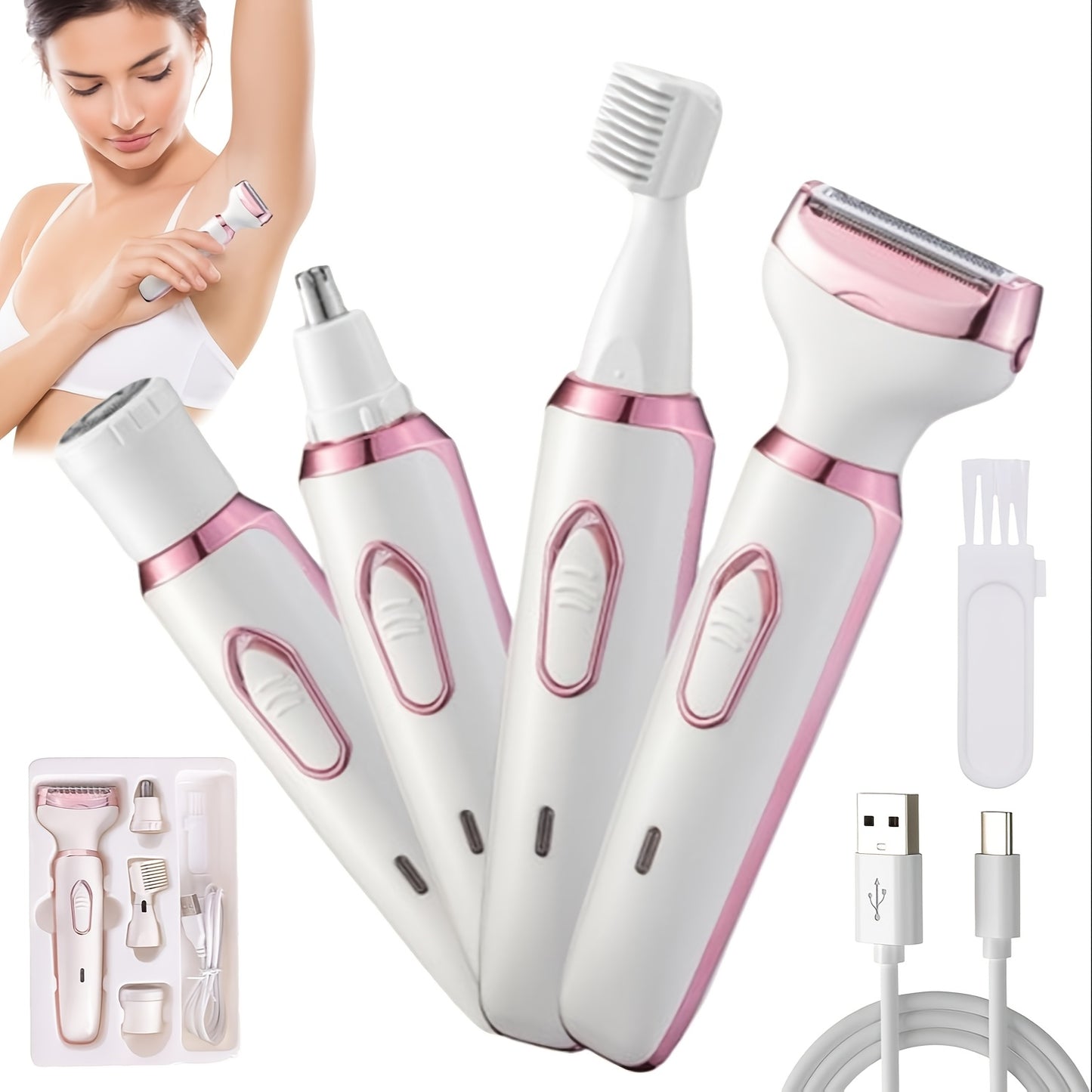 Zimonto - 4in1 Portable USB Rechargeable Hair Remover Set Vibrant Pink