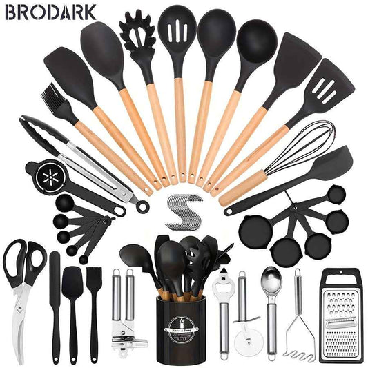 Brodark 44-Piece Non-Stick Silicone Kitchenware Set with Ergonomic Grips and Vibrant Colors