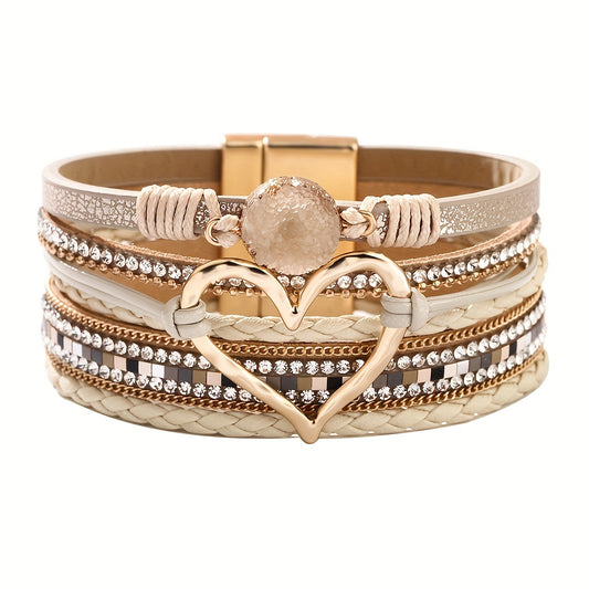 Zimonto - Bohemian Multi-layer Leather Bracelet Hand-woven Bracelet Golden Big Heart Ladies Fashion Bracelet