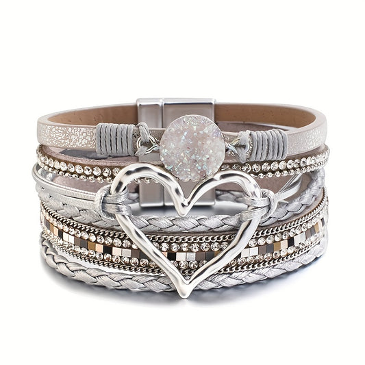 Zimonto - Bohemian Multi-layer Leather Bracelet Hand-woven Bracelet Golden Big Heart Ladies Fashion Bracelet