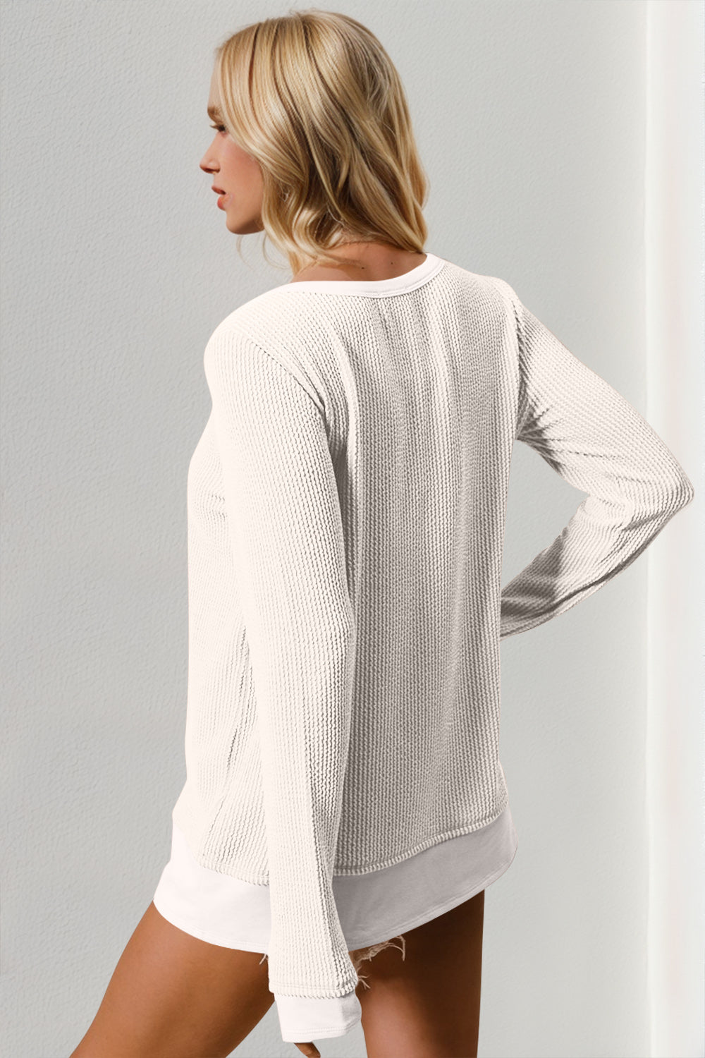 Zimonto - Double Take Corded Rib Thumbhole Cuff Round Neck T-Shirt
