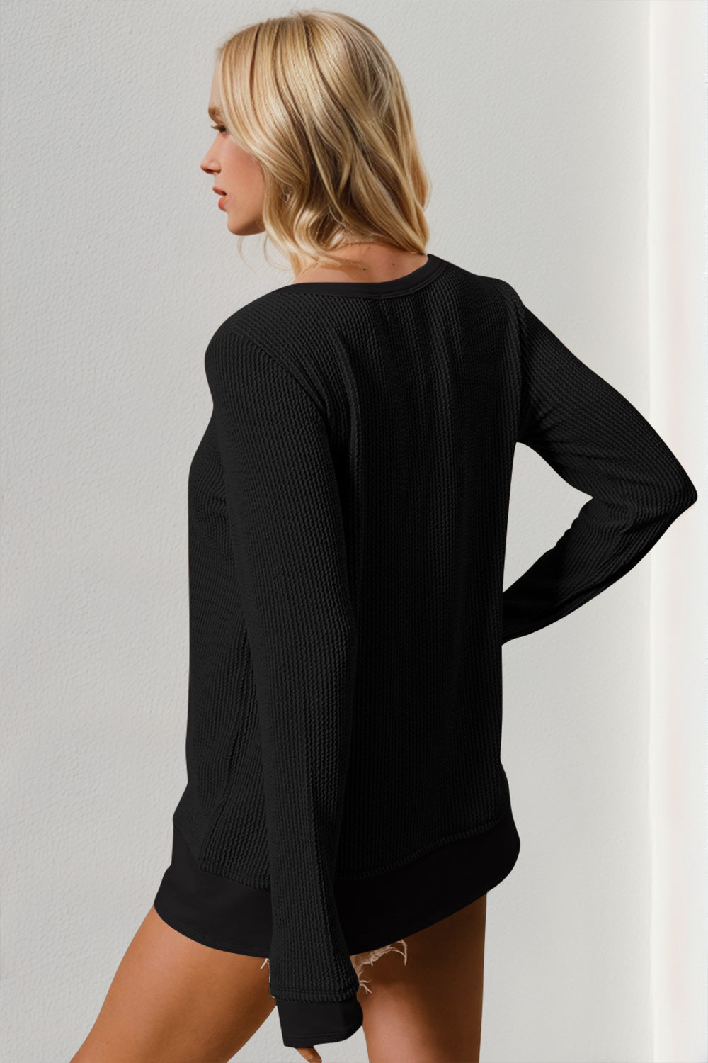 Zimonto - Double Take Corded Rib Thumbhole Cuff Round Neck T-Shirt