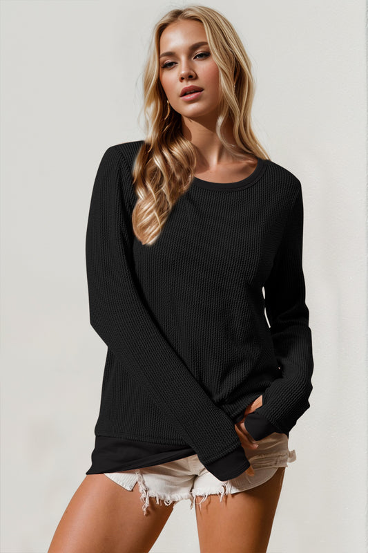 Zimonto - Double Take Corded Rib Thumbhole Cuff Round Neck T-Shirt Black