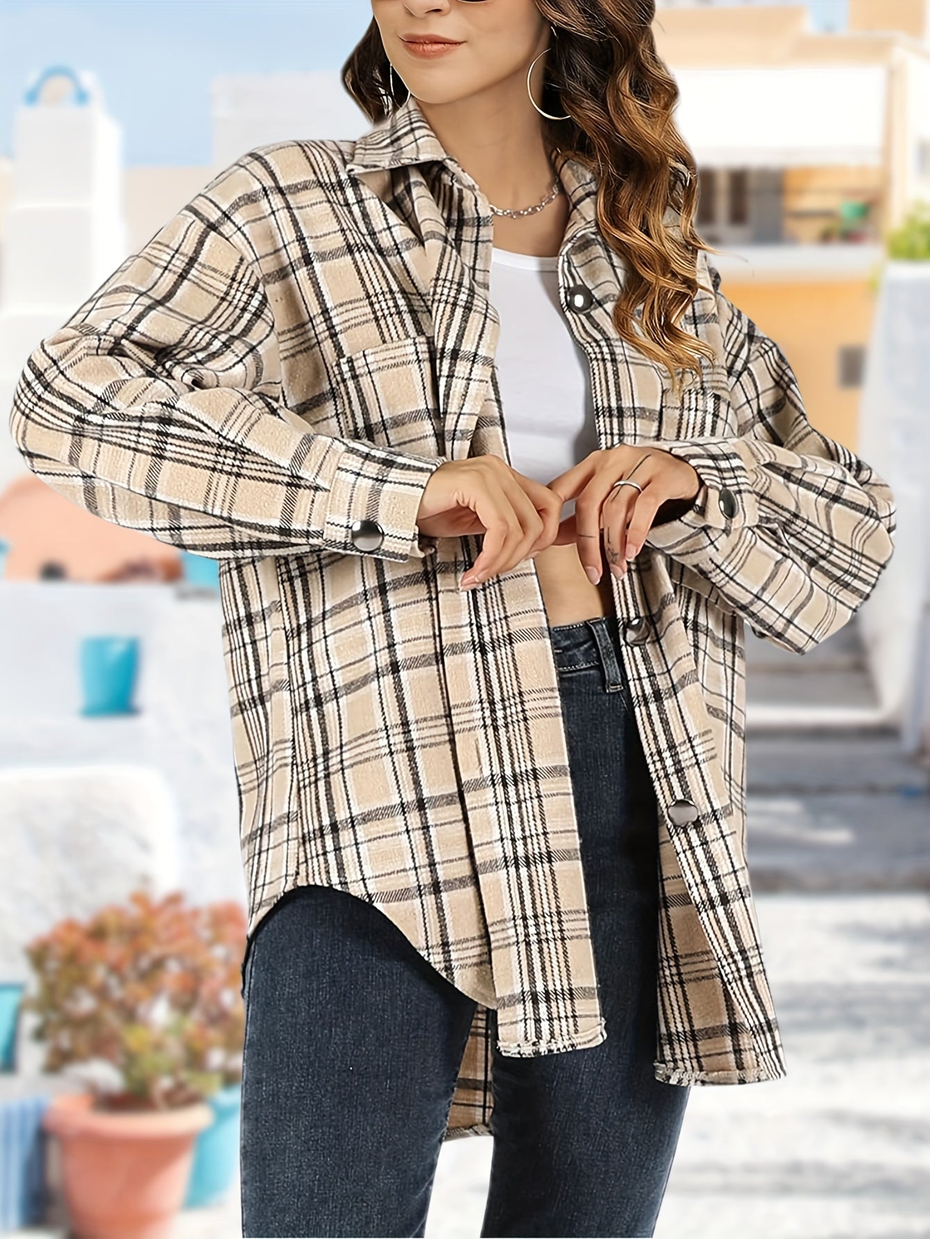 Zimonto - Womens Plaid Shacket Cozy Long Sleeve ButtonUp Jacket