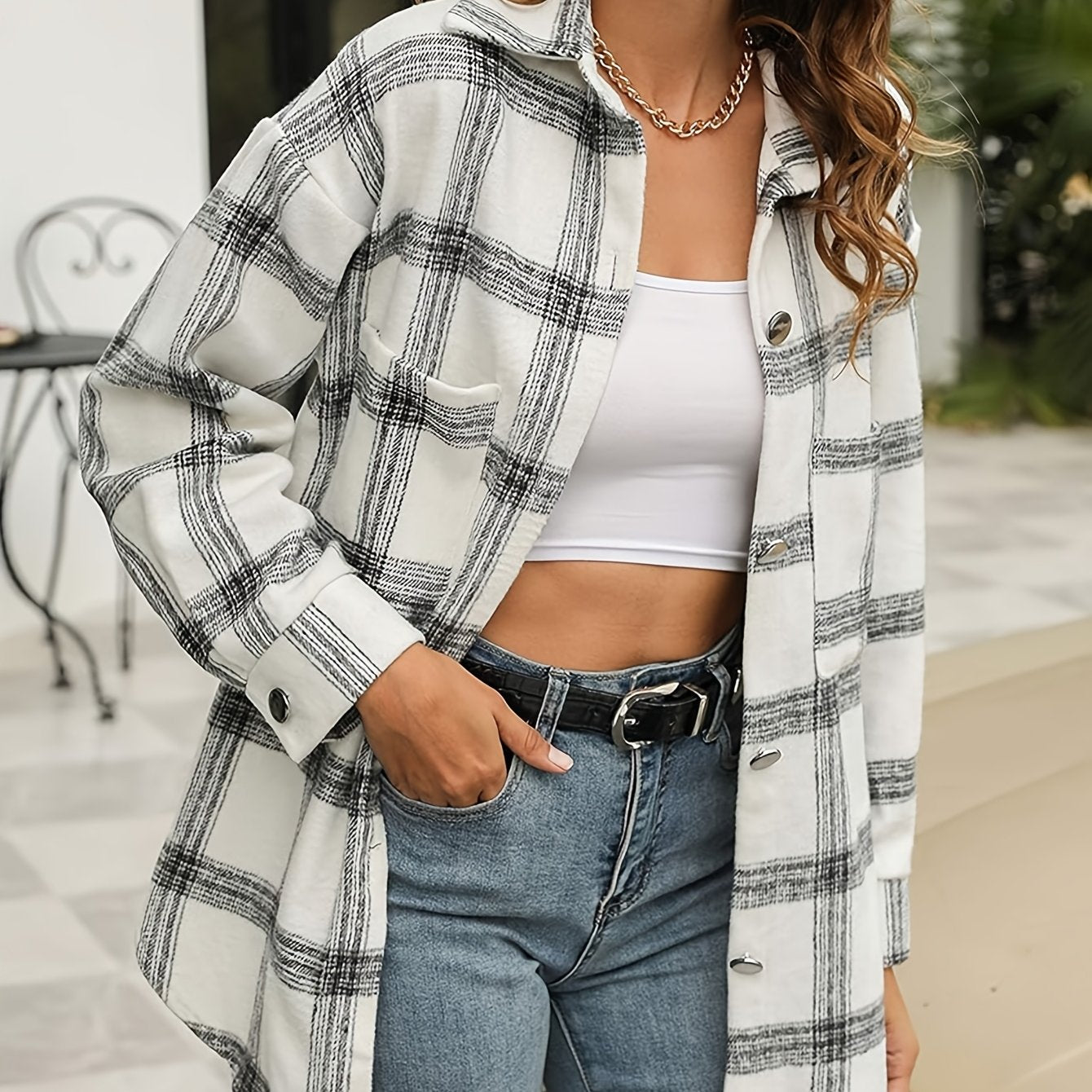 Zimonto - Womens Plaid Shacket Cozy Long Sleeve ButtonUp Jacket White