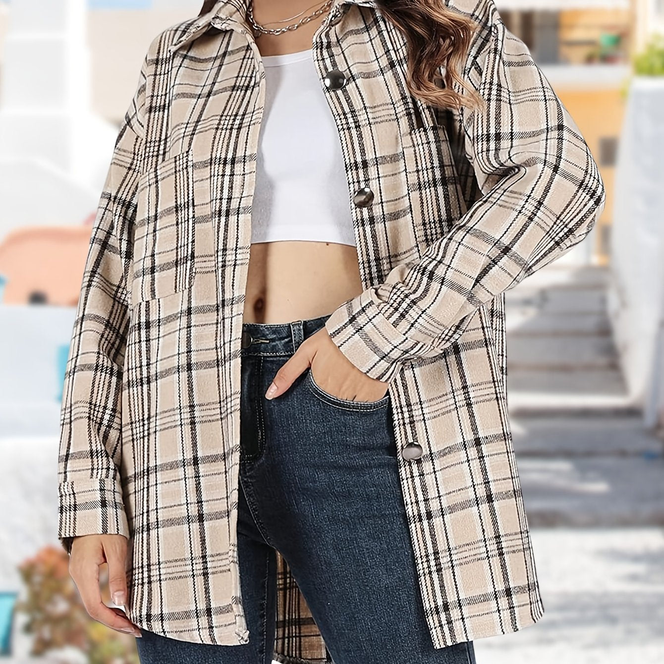 Zimonto - Womens Plaid Shacket Cozy Long Sleeve ButtonUp Jacket Khaki