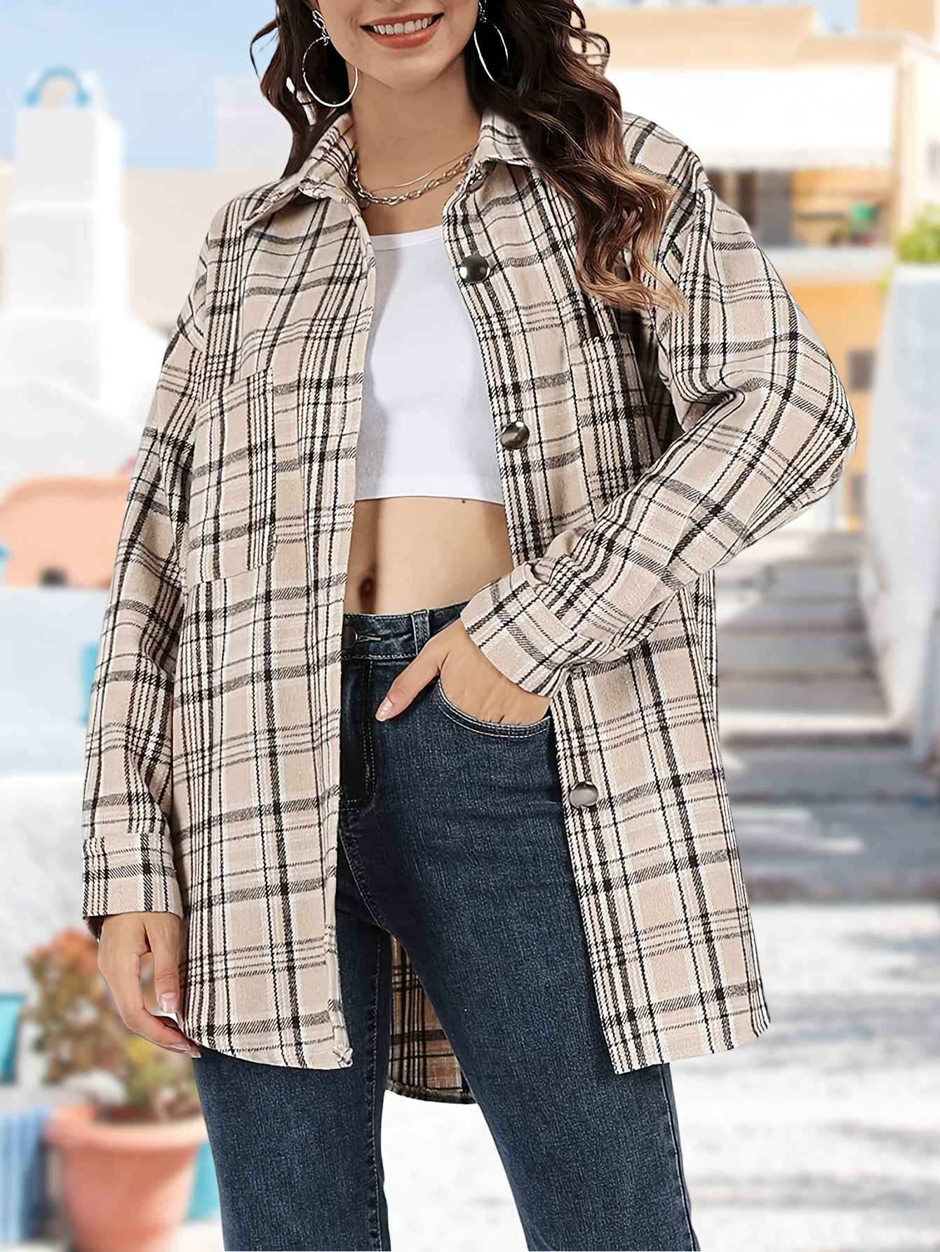 Womens Plaid Shacket Cozy Long Sleeve ButtonUp Jacket