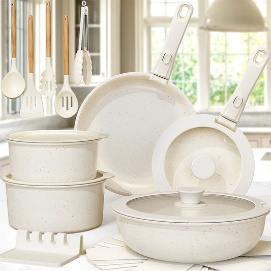 Zimonto - 21 Piece Pots and Pans Set Non-Stick, Astercook Ceramic Cookware Set with Sensor Handles, Milky white WHITE United States Over Five-piece Set