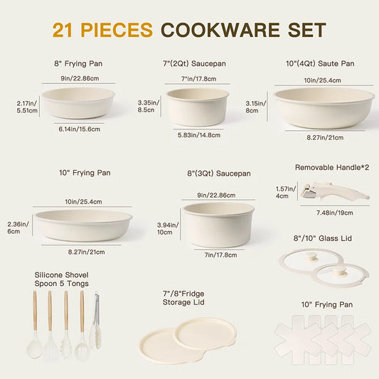 Zimonto - 21 Piece Pots and Pans Set Non-Stick, Astercook Ceramic Cookware Set with Sensor Handles, Milky white