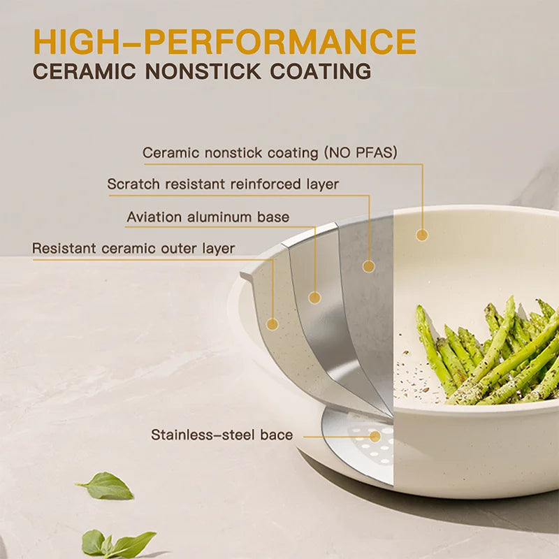 Zimonto - 21 Piece Pots and Pans Set Non-Stick, Astercook Ceramic Cookware Set with Sensor Handles, Milky white