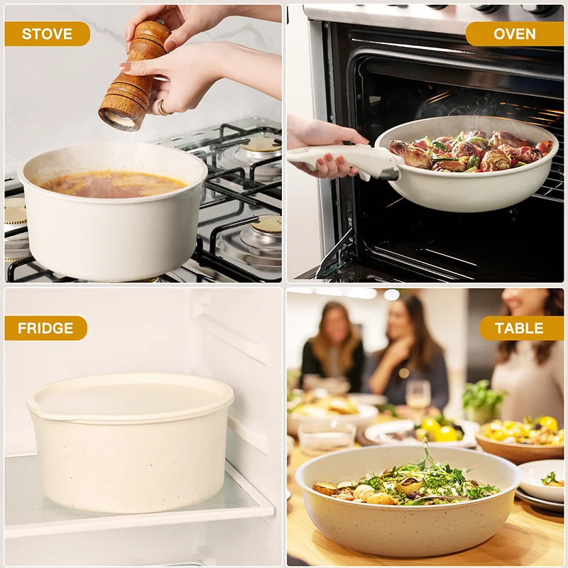 Zimonto - 21 Piece Pots and Pans Set Non-Stick, Astercook Ceramic Cookware Set with Sensor Handles, Milky white